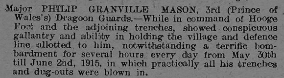 Mason P G Major DSO 3rd Dragoon Guards DSO Citation The Graphic 5th July 1915
