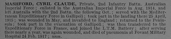 Mashford C C Pte 763 2nd Australian Infantry Obit De Ruvignys Roll Of Honour Vol 4