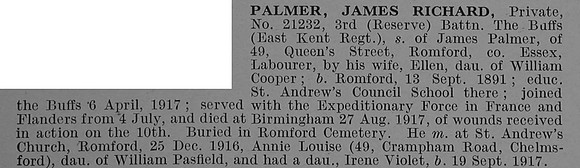 Palmer J R Pte 21232 3rd East Kent Regiment Obit De Ruvignys Roll Of Honour Vol 4