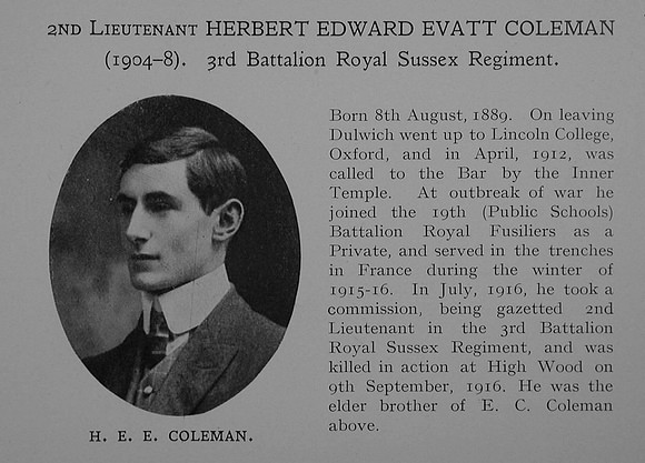 Coleman H E E 2nd Lt 3rd Attd 2nd Royal Sussex Regiment Obit Dulwich College Roll Of Honour