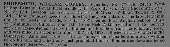 Shoesmith W C Sig 776018 Royal Field Artillery Obit De Ruvignys Roll Of Honour Vol 4
