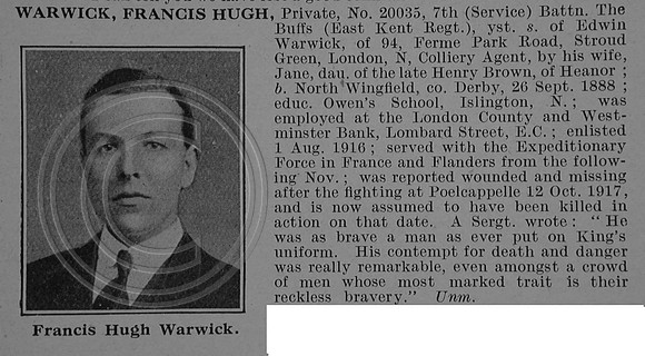 Warwick F H Pte 20035 7th East Kent Regiment Obit De Ruvignys Roll Of Honour Vol 4