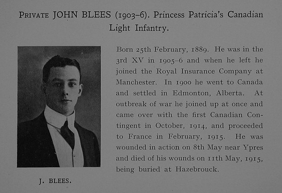 Blees J Pte Princess Patricia's Canadian Light Infantry (Eastern Ontario Regiment) Obit Dulwich College Roll Of Honour