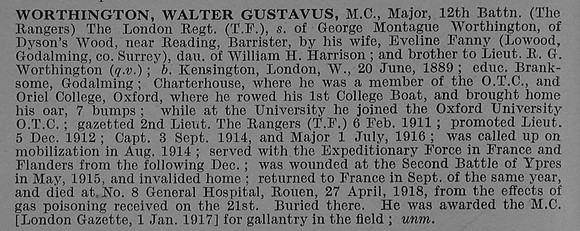 Worthington W G Major MC 12th London Regiment Obit De Ruvignys Roll Of Honour Vol 4