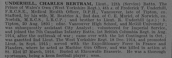 Underhill C B Lt 12th West Yorkshire Regiment Obit De Ruvignys Roll Of Honour Vol 4