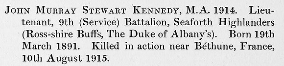Kennedy J M S Lt 9th Seaforth Highlanders Obit St Andrews University Roll Of Honour