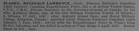 Sladen R L Lt Princess Patricia's Canadian Light Infantry (Eastern Ontario Regiment) Obit De Ruvignys Roll Of Honour Vol 4
