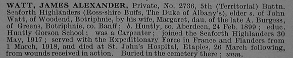 Watt J A Pte 2736 5th Seaforth Highlanders Obit De Ruvignys Roll Of Honour Vol 4