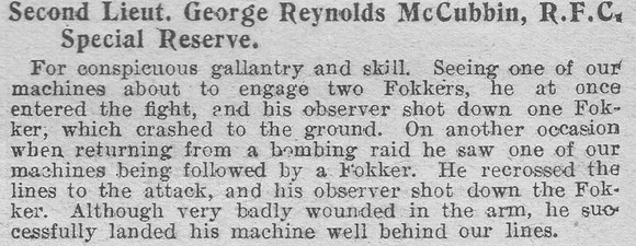McCubbin G R 2nd Lt Royal Flying Corps DSO Citation The Graphic 28th Jul 1916
