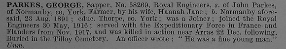 Parkes G Sapper 58269 Royal Engineers Short Obit De Ruvignys Roll Of Honour Vol 4