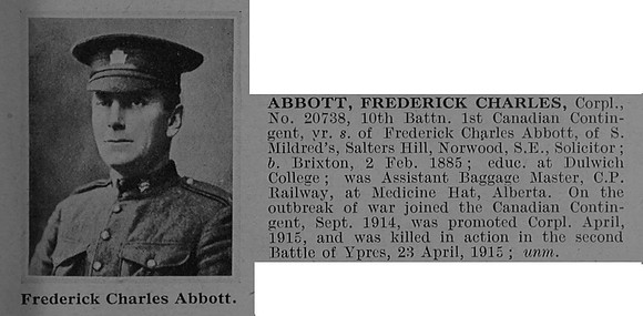 Abbott F C Cpl 20738 10th Canadian Infantry (Alberta Regiment) Obit De Ruvignys Roll Of Honour Vol 1