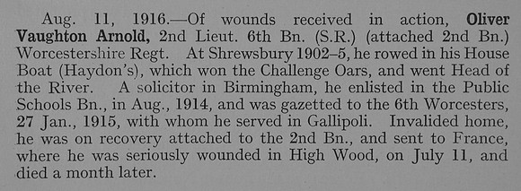 Arnold O V 2nd Lt 6th Worcestershire Regiment Obit Shrewsbury School Roll Of Service