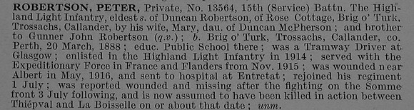 Robertson P Pte 13564 15th Highland Light Infantry Obit De Ruvignys Roll Of Honour Vol 4