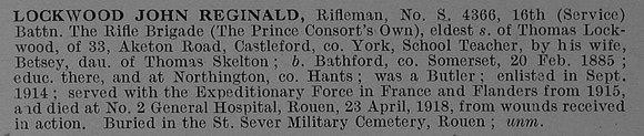 Lockwood J R Rfn S/4366 16th Rifle Brigade Obit De Ruvignys Roll Of Honour Vol 4