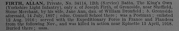 Firth A Pte 34114 12th Kings Own Yorkshire Light Infantry Obit De Ruvignys Roll Of Honour Vol 4
