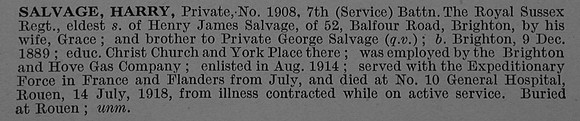Salvage H Pte 1908 7th Royal Sussex Regiment Obit De Ruvignys Roll Of Honour Vol 4
