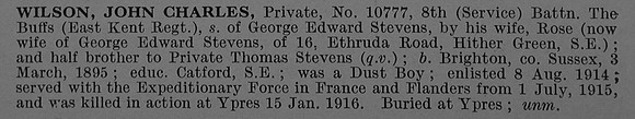 Wilson J C Pte 10777 8th East Kent Regiment Short Obit De Ruvignys Roll Of Honour Vol 4