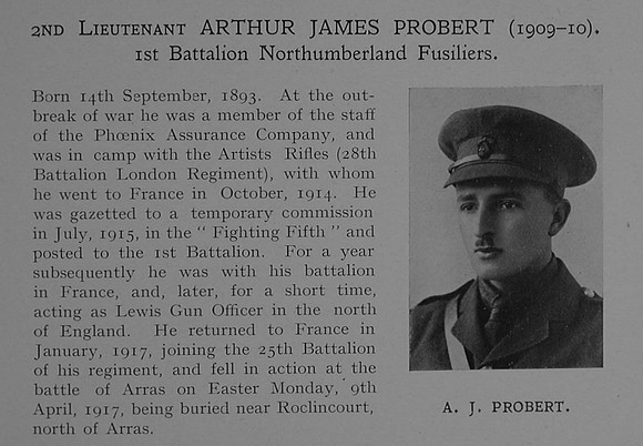 Probert A J 2nd Lt 1st Northumberland Fusiliers Obit Dulwich College Roll Of Honour