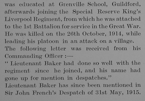 Baker E B Lt Kings Liverpool Regiment Obit Part 2 The Bond Of Sacrifice Vol 1