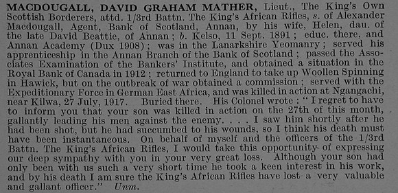 MacDougall D G M Lt 5th King's Own Scottish Borderers Obit De Ruvignys Roll Of Honour Vol 4