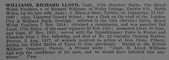 Williams R L Captain 17th Royal Welsh Fusiliers Obit De Ruvignys Roll Of Honour Vol 4