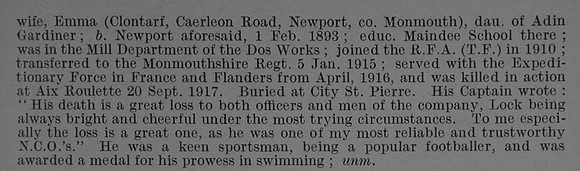 Lock W E Cpl 226317 1st Monmouthshire Regiment Obit Part 2 De Ruvignys Roll Of Honour Vol 4