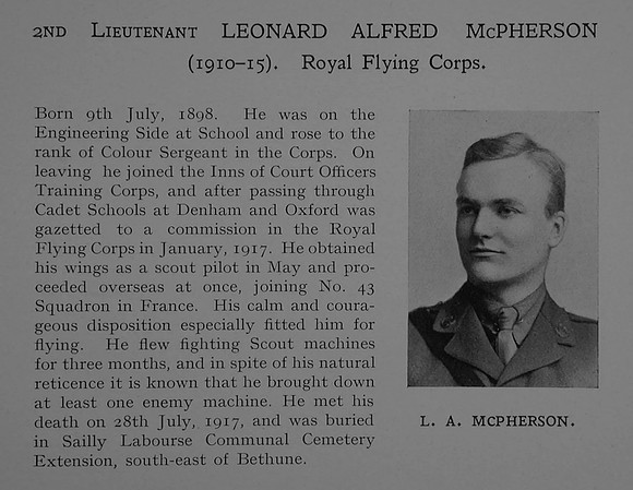 McPherson L A 2nd Lt Royal Flying Corps Obit Dulwich College Roll Of Honour