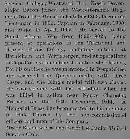 Bacon B K W Major 1st Worcestershire Regiment Obit Part 2 De Ruvignys Roll Of Honour Vol 1
