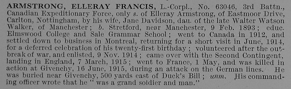 Armstrong E F L/Cpl 3rd Canadian Expeditionary Force Obit