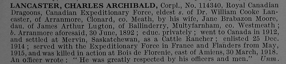 Lancaster C A Cpl 114340 Royal Canadian Dragoons Canadian Expeditionary Force Obit De Ruvignys Roll Of Honour Vol 4