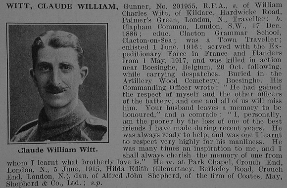 Witt C W Gnr 201955 Royal Field Artillery Obit De Ruvignys Roll Of Honour Vol 3