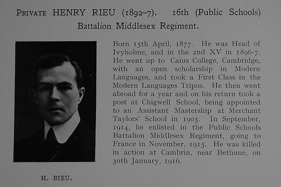 Rieu H Pte 512 16th Middlesex Regiment Obit Dulwich College Roll Of Honour