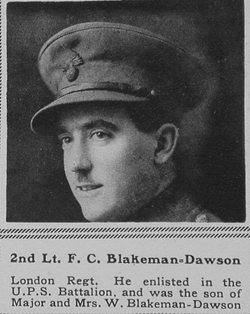 Blakeman-Dawson F C 2nd Lt 11th Royal Fusiliers The Sphere 14th July 1917