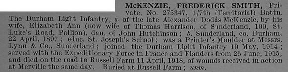 McKenzie F S Pte 275347 7th Durham Light Infantry Obit De Ruvignys Roll Of Honour Vol 4