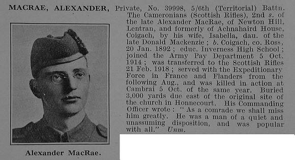 MacRae A Pte 39998 6th Cameronians Obit De Ruvignys Roll Of Honour Vol 5