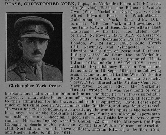 Pease C Y Captain Yorkshire Hussars Attd 9th West Yorkshire Regiment Obit De Ruvignys Roll Of Honour Vol 4