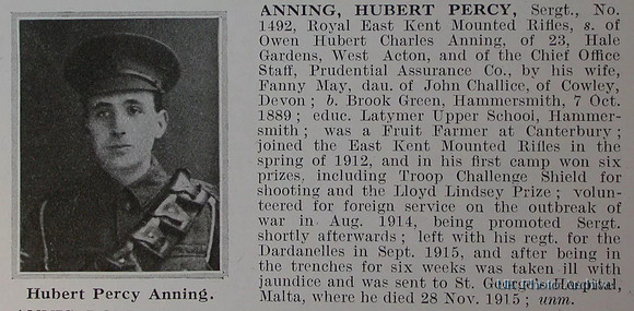 Anning H P Sergt Royal East Kent Mounted Rifles Obit De Ruvignys Roll Of Honour Vol 1