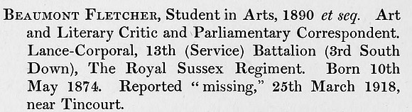 Fletcher B LCpl 13th Royal Sussex Regiment Obit