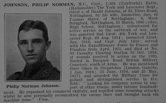 Johnson P N Captain MC 4th York & Lancaster Regiment Obit De Ruvignys Roll Of Honour Vol 5