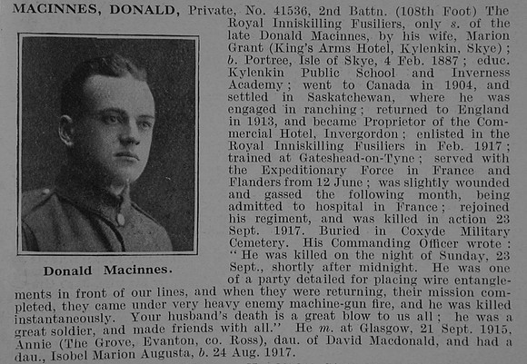 MacInnes D Pte 41536 2nd Royal Inniskilling Fusiliers Obit De Ruvignys Roll Of Honour Vol 5