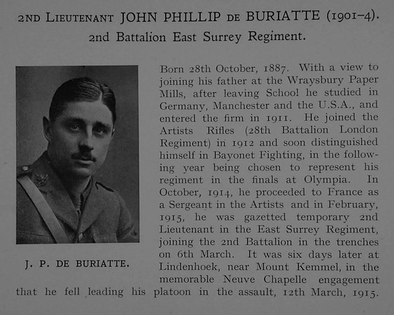 De Buriatte J P 2nd Lt 2nd East Surrey Regiment Obit Dulwich College Roll Of Honour