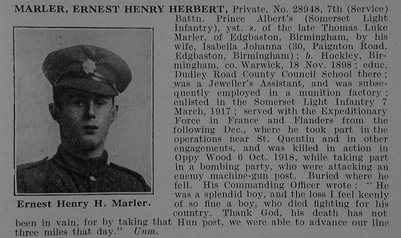 Marler E H H Pte 28948 7th Somerset Light Infantry Obit De Ruvignys Roll Of Honour Vol 5