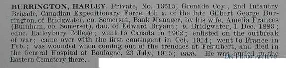 Burrington H Pte 13615 2nd Canadian Infantry Obituary De Ruvignys Roll Of Honour Vol 1