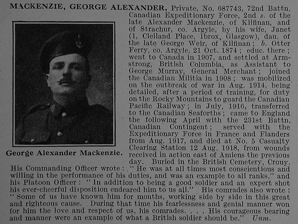 MacKenzie G A Pte 687743 72nd Canadian Infantry (British Columbia Regiment) Obit De Ruvignys Roll Of Honour Vol 4