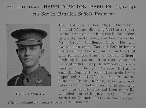 Bamkin H P 2nd Lt 7th Suffolk Regiment Obit Dulwich College Roll Of Honour