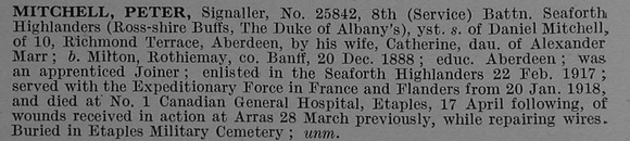 Mitchell P Sig 25842 8th Seaforth Highlanders Obit De Ruvignys Roll Of Honour Vol 4