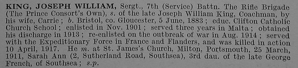 King J W Sergt 8080 7th Rifle Brigade Obit De Ruvignys Roll Of Honour Vol 4