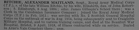 Ritchie A M Sergt 318479 Royal Army Medical Corps Obit De Ruvignys Roll Of Honour Vol 4