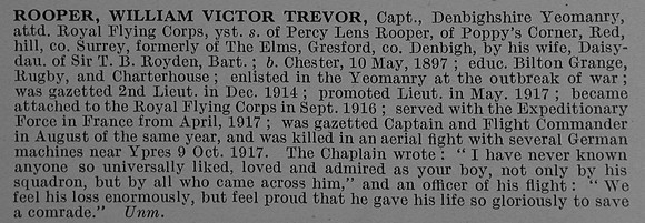 Rooper W V T Captain Denbighshire Yeomanry Attd Royal Flying Corps Obit De Ruvignys Roll Of Honour Vol 4