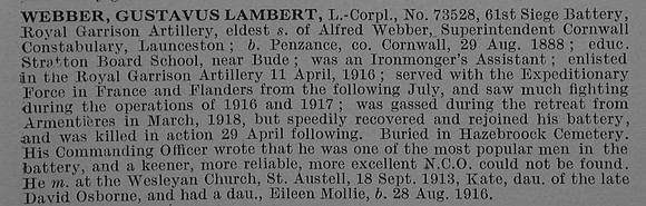 Webber G L L/Cpl 73528 Royal Garrison Artillery Obit De Ruvignys Roll Of Honour Vol 4